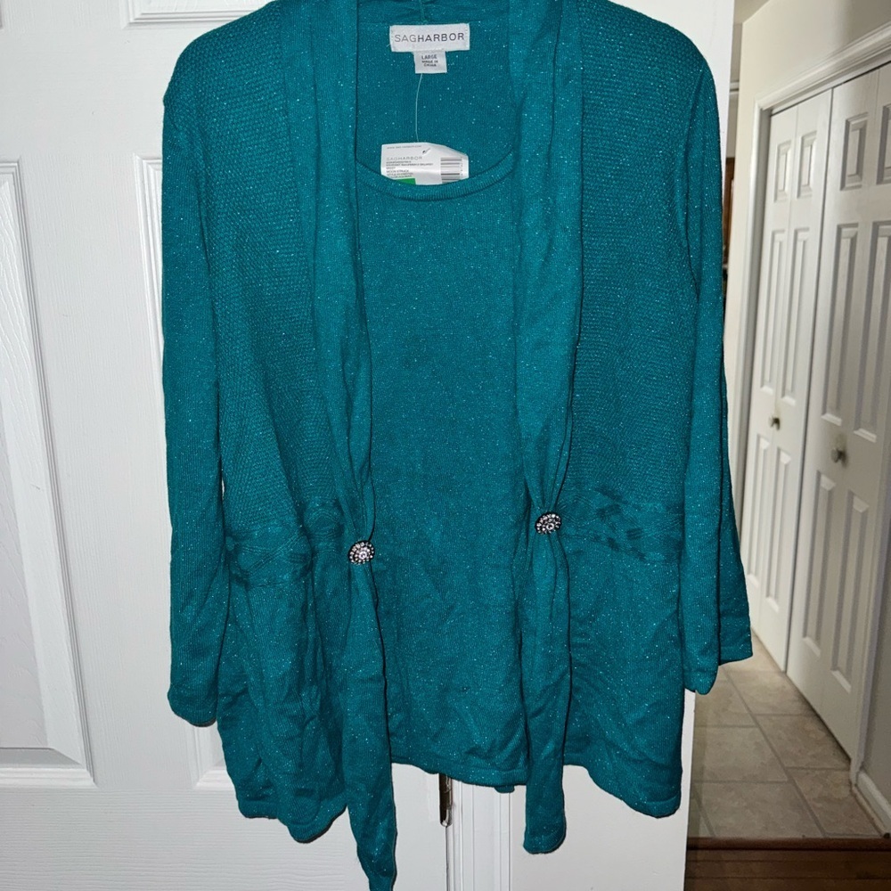Sag Harbor Women's Size L Teal Sequin Knit Open Cardigan with Camisole NWT - Picture 1 of 15